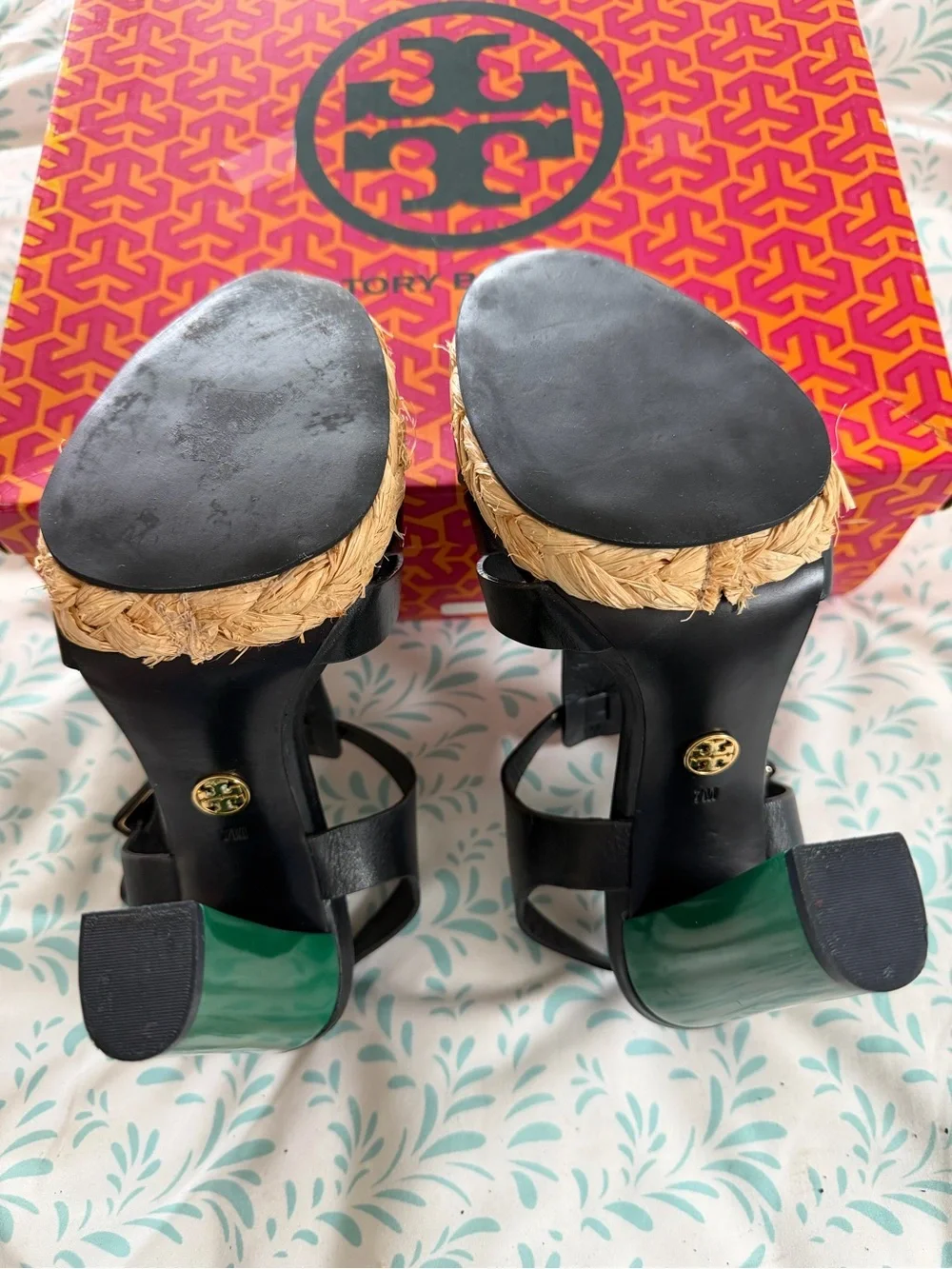 Tory Burch Black T-strap Platform Sandal with Green Block Heel